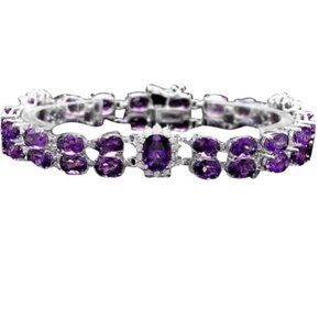 32.20 Natural Amethyst and Diamond 14K Solid White Gold Bracelet
